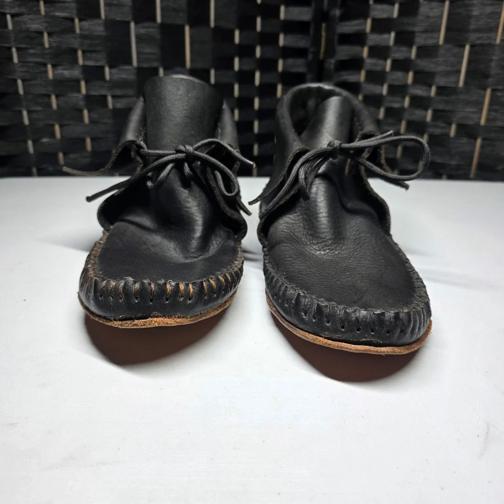 Handmade Black Leather Moccasin Boots Ankle Lace Up Whipstitch Women 9.5 Men 8